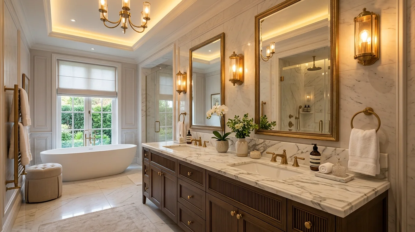 A luxury bathroom with a double vanity marble countertops and elegant lighting fixtures warm lighting upscale spa design no people