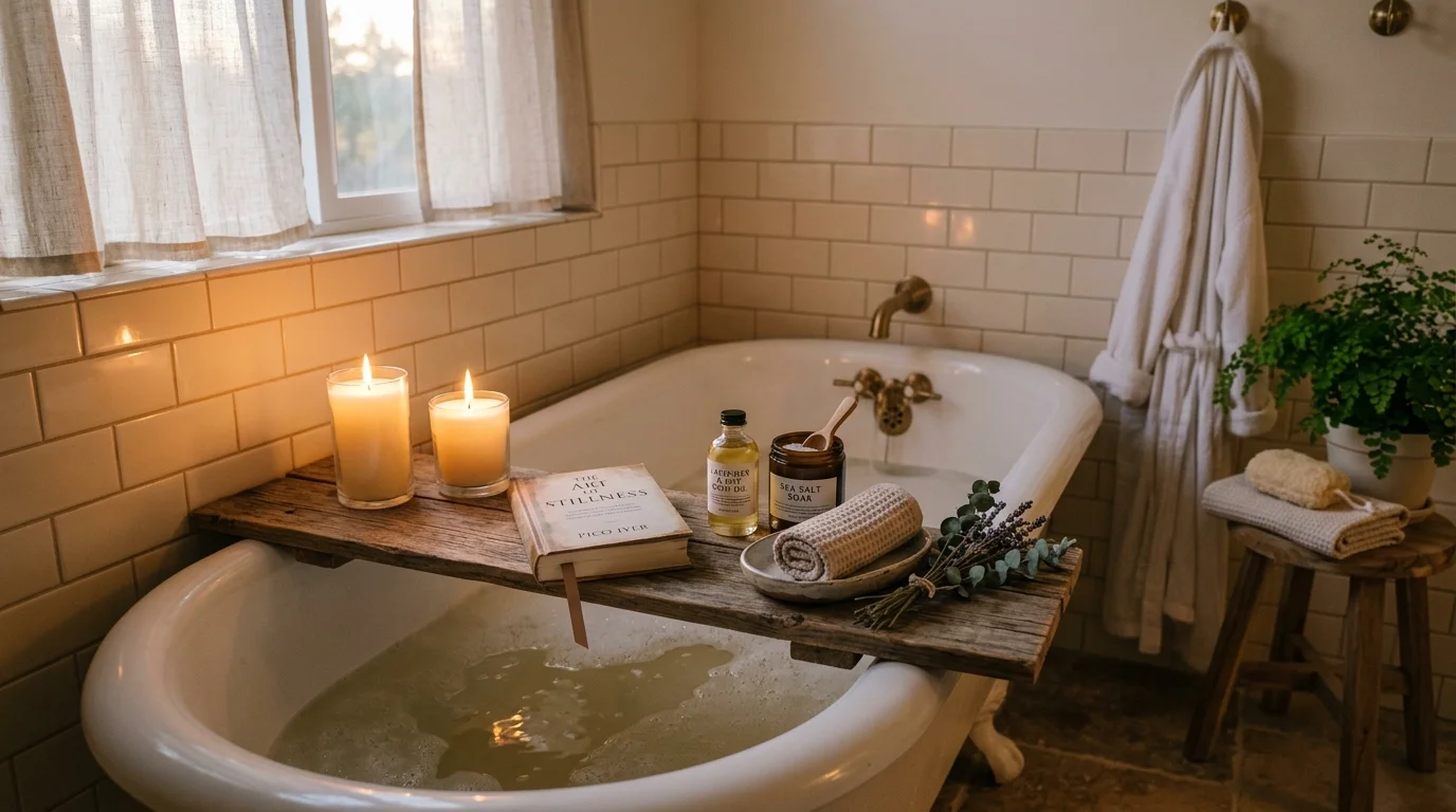 A bathroom corner with a wooden tray holding candles bath essentials and a book placed on a tub soft lighting peaceful spa moment no people