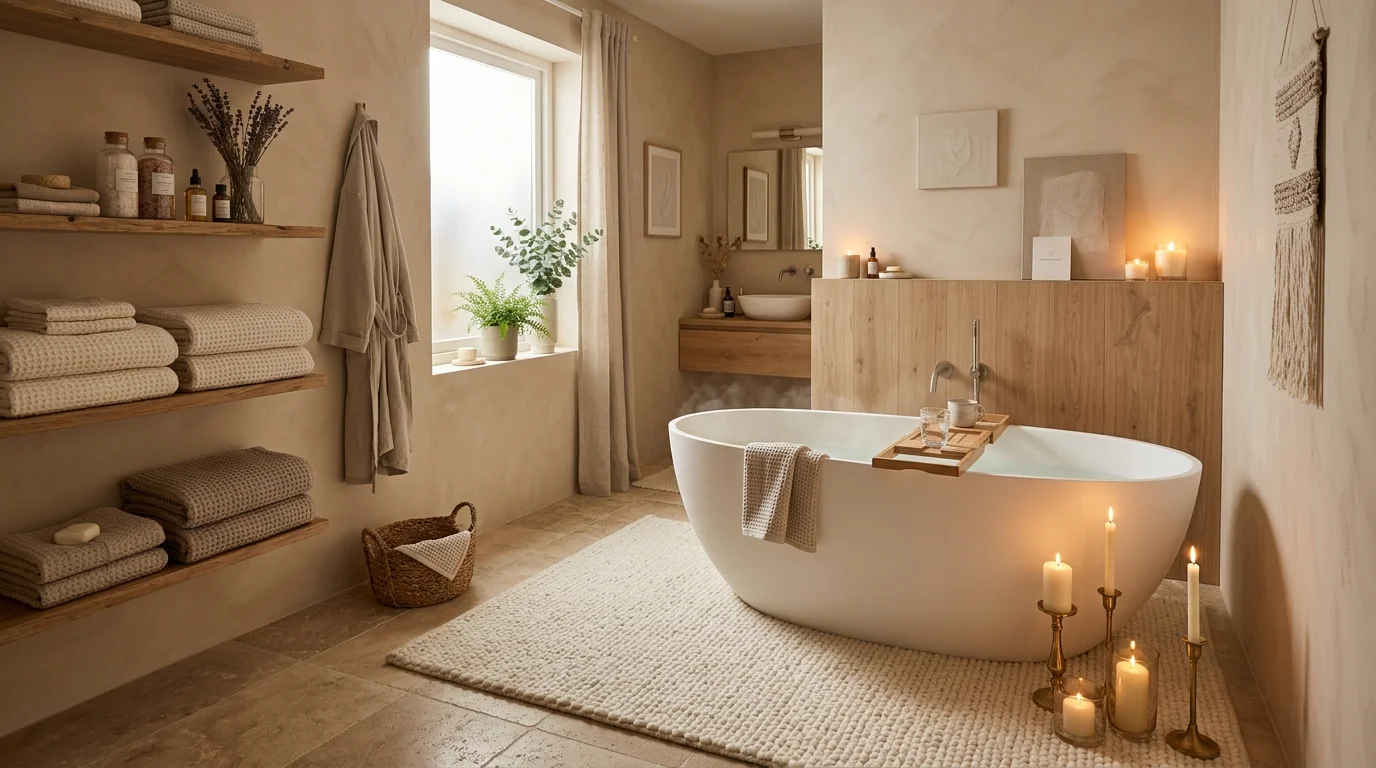 A spa bathroom with textured towels soft rugs and calming neutral tones warm lighting inviting relaxation atmosphere no people