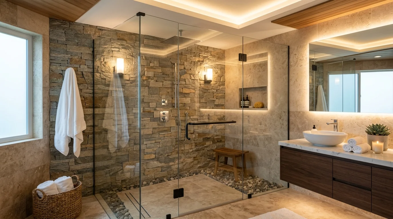 A bathroom with a rainfall shower surrounded by glass and stone details soft lighting tranquil modern spa feel no people