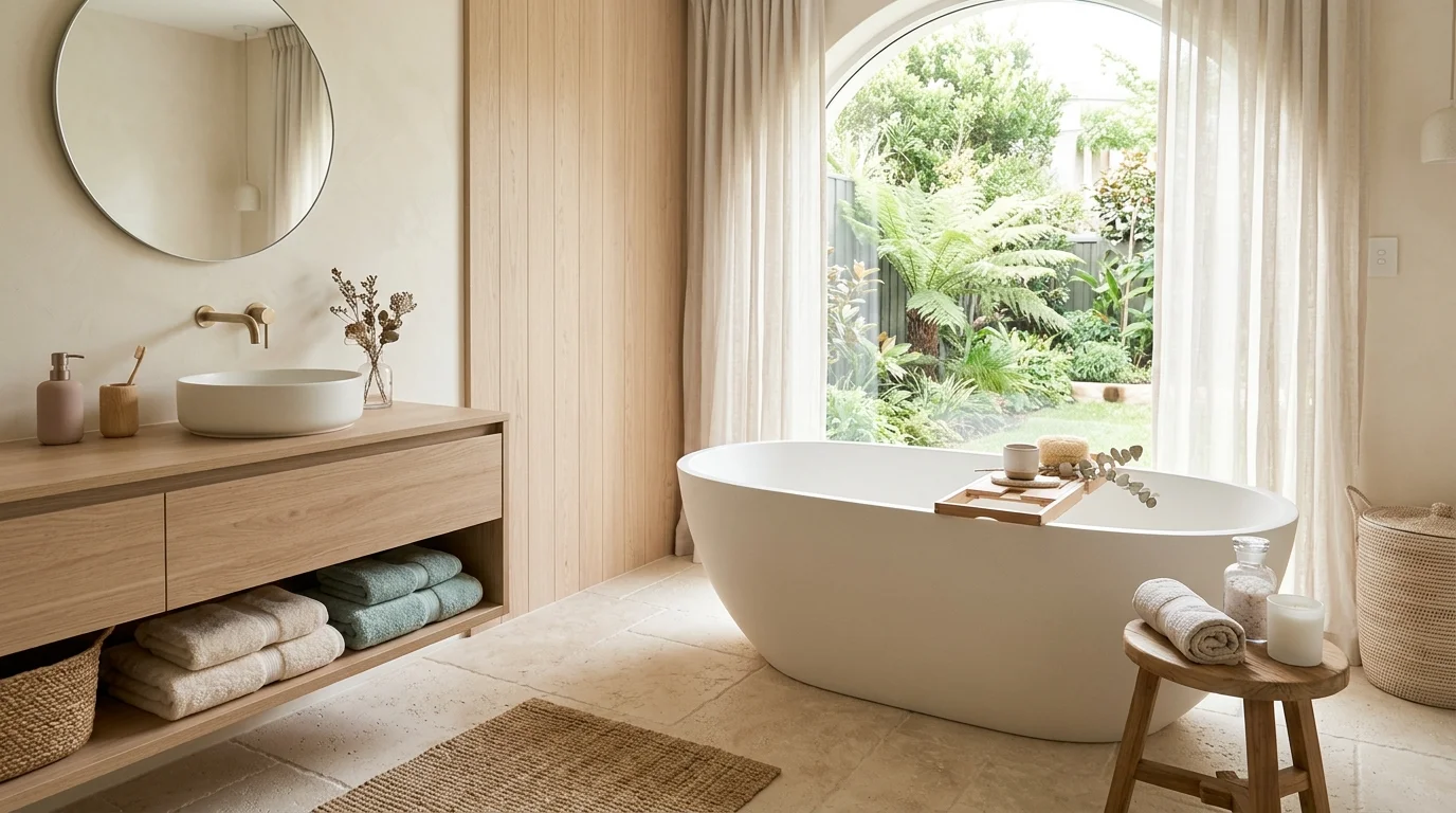 A serene bathroom with soft pastel tones minimal decor and natural materials bright natural light gentle calming spa ambiance no people