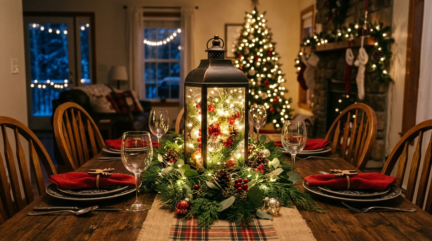 A lantern centerpiece on a dining table filled with fairy lights ornaments and greenery creating a warm festive glow soft ambient lighting cozy holiday setting no people