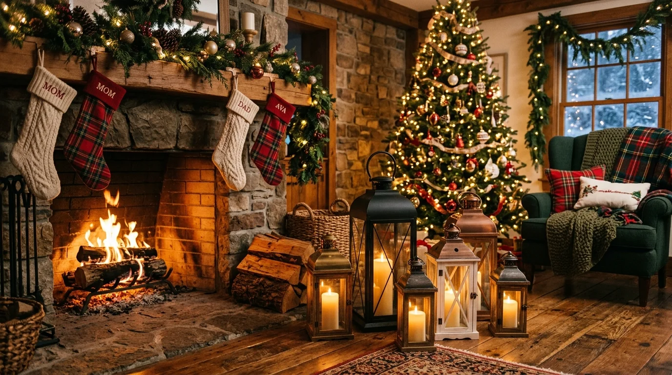 A cluster of lanterns in varying sizes placed beside a fireplace with candles glowing inside warm lighting creating a cozy Christmas living room vibe no people