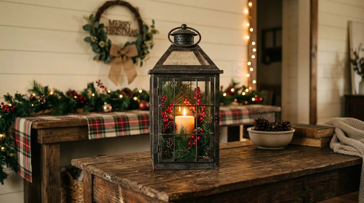 A rustic lantern filled with pine branches red berries and a candle placed on a wooden console table soft warm lighting farmhouse holiday charm no people