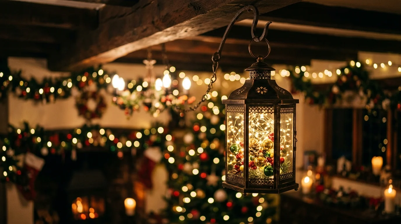 A lantern hanging from a hook with fairy lights and small ornaments inside soft lighting creating a floating magical Christmas effect no people