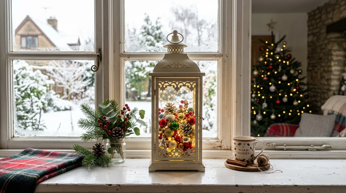A white lantern filled with mini ornaments and twinkling lights placed on a windowsill bright natural daylight festive elegant display no people