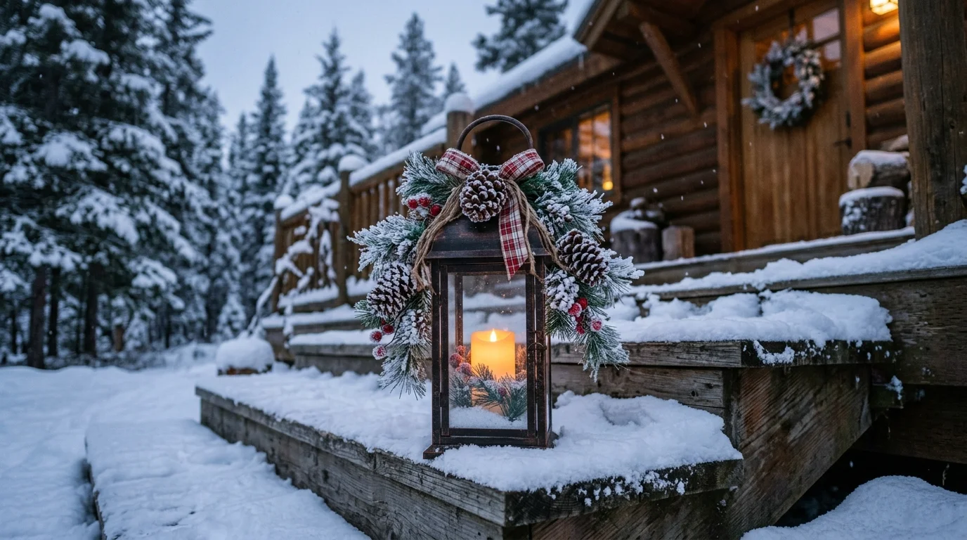 A lantern styled with faux snow pinecones and a candle inside placed on a porch step soft evening lighting winter wonderland look no people
