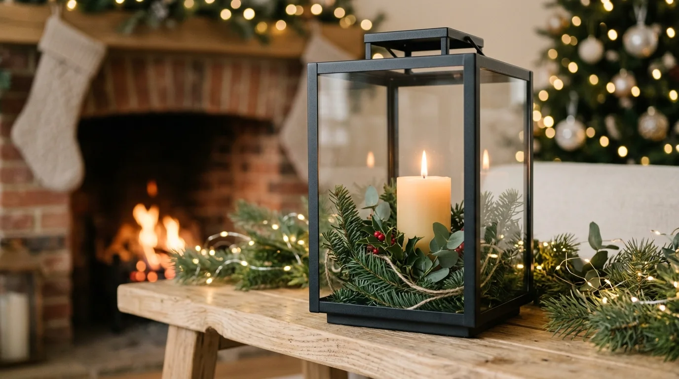 A modern lantern with a minimalist design filled with a single candle and greenery soft lighting clean elegant holiday decor no people