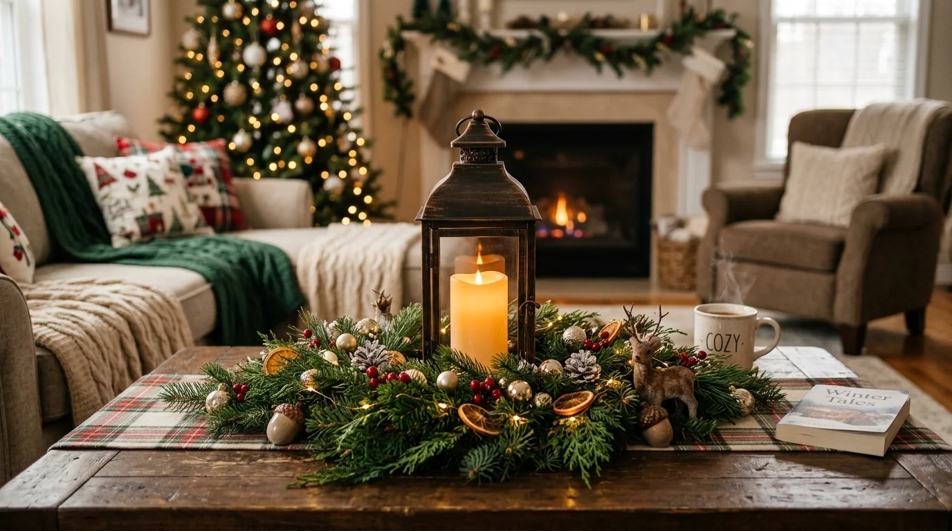 A lantern centerpiece surrounded by garlands and small decorative items placed on a coffee table warm lighting cozy festive styling no people