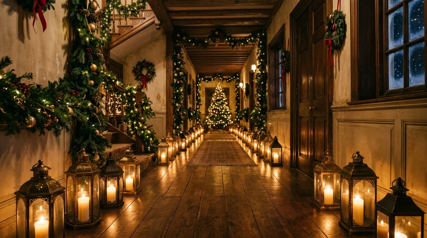 A set of lanterns lining a hallway with glowing candles creating a warm inviting Christmas path soft ambient lighting magical effect no people