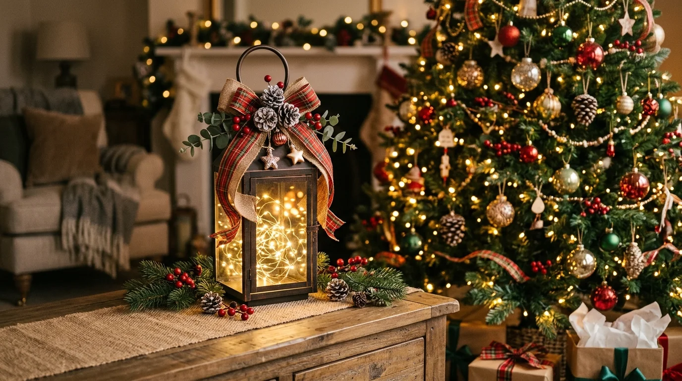 A lantern decorated with ribbon and ornaments placed near a Christmas tree soft lighting cohesive festive design no people