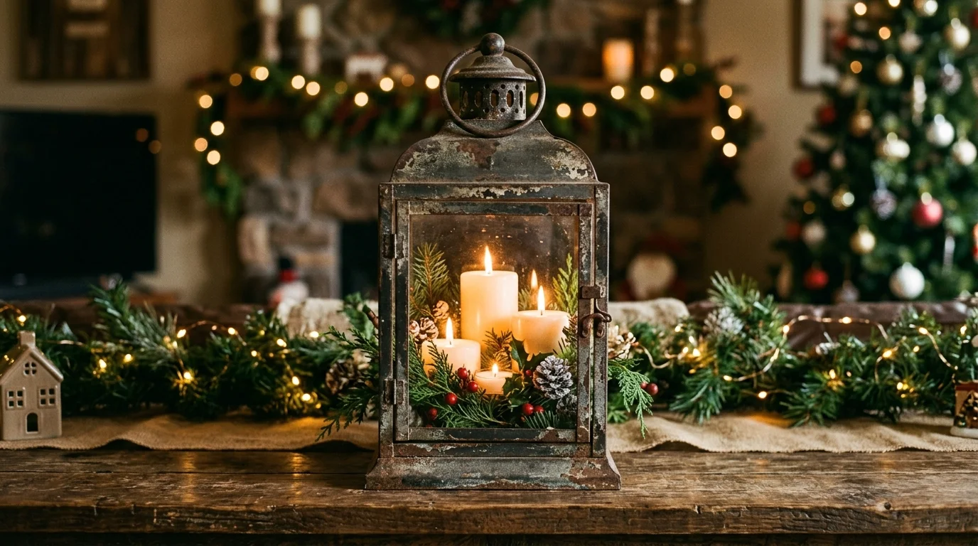 A vintage style lantern with a distressed finish filled with candles and greenery warm lighting nostalgic holiday charm no people