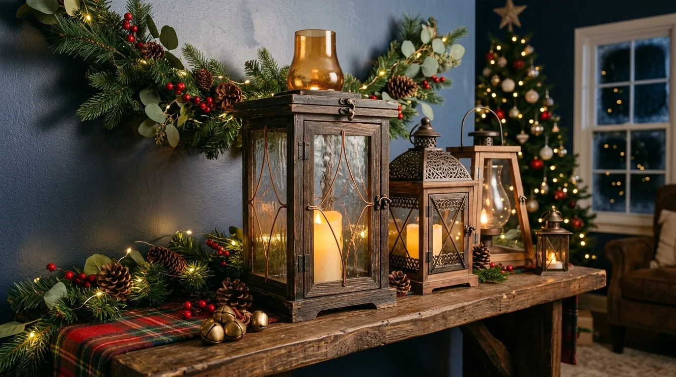 A lantern display with layered textures including wood metal and glass placed on a shelf with soft glowing lights warm lighting elegant cozy Christmas decor no people