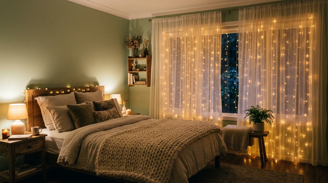 A bedroom with fairy lights hung behind sheer curtains creating a soft glowing backdrop warm dim lighting dreamy festive atmosphere no people