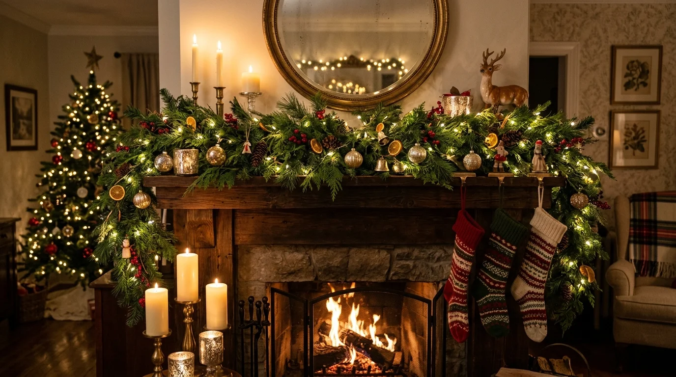 A mantel decorated with garlands and woven with twinkling string lights casting a soft glow across candles and ornaments cozy holiday ambiance no people
