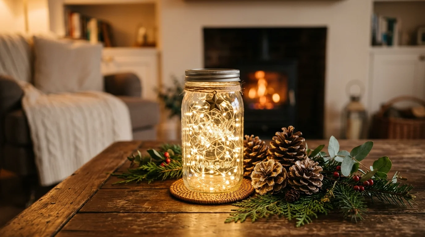A glass jar filled with fairy lights placed on a coffee table beside pinecones and greenery warm soft lighting simple magical decor no people