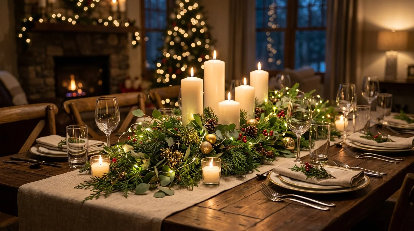 A dining table centerpiece with a cluster of candles and string lights intertwined with greenery warm lighting elegant festive setting no people