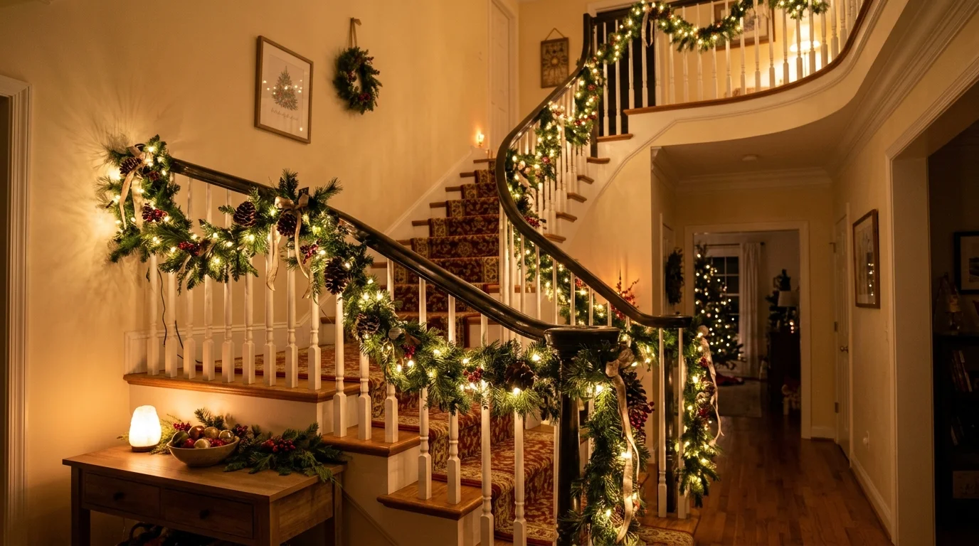 A staircase railing wrapped with garlands and glowing string lights soft ambient lighting inviting holiday pathway no people