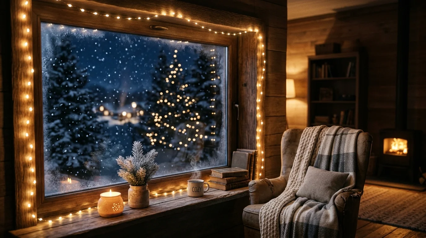 A window frame outlined with soft white lights reflecting in the glass warm lighting cozy indoor winter scene no people