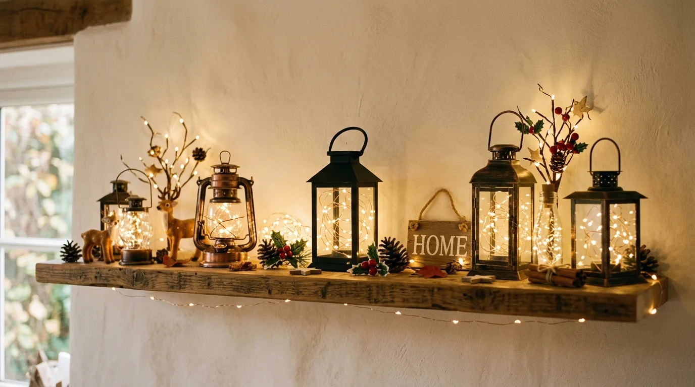 A shelf decorated with small lanterns filled with fairy lights and seasonal decor warm soft lighting charming festive display no people