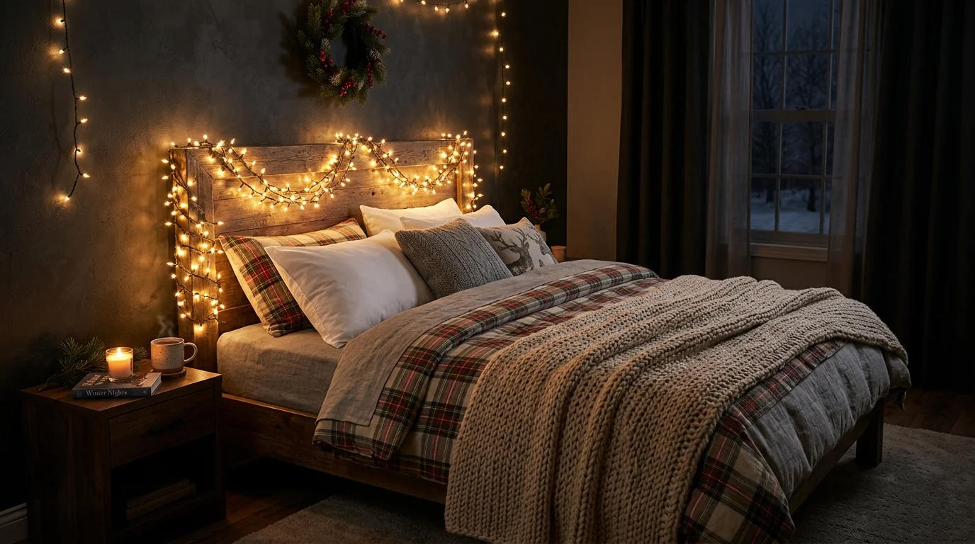 A bed headboard wrapped with string lights creating a soft glowing frame warm dim lighting cozy bedroom holiday vibe no people