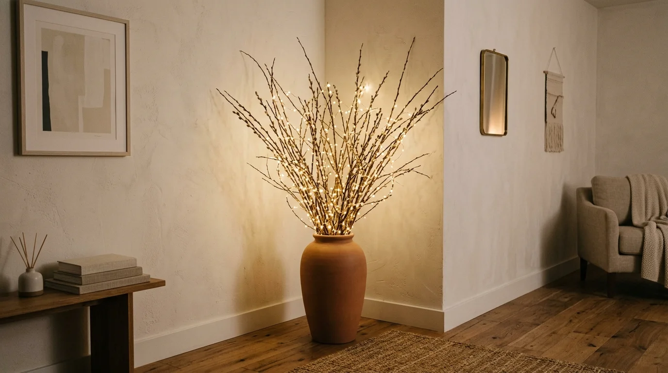 A corner with a tall vase filled with branches wrapped in tiny fairy lights warm lighting minimalist magical decor no people