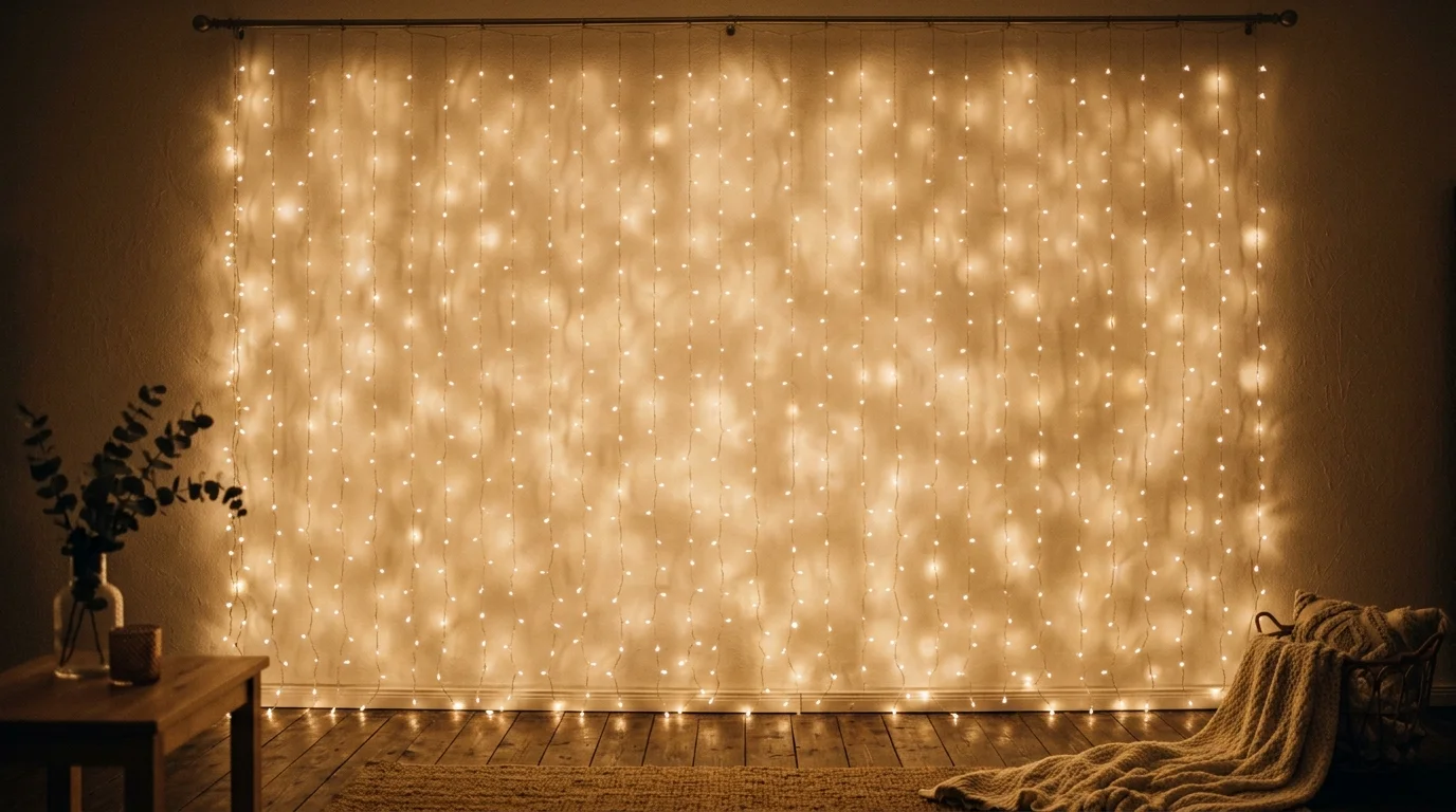 A curtain of string lights hung vertically on a wall creating a glowing backdrop soft lighting dreamy festive atmosphere no people