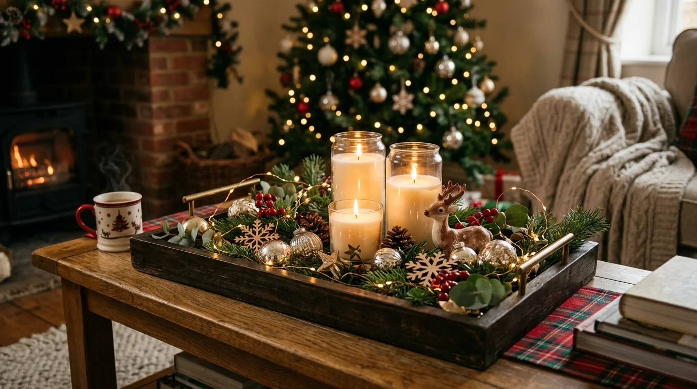 A coffee table tray with candles ornaments and fairy lights arranged together warm lighting cozy holiday styling no people