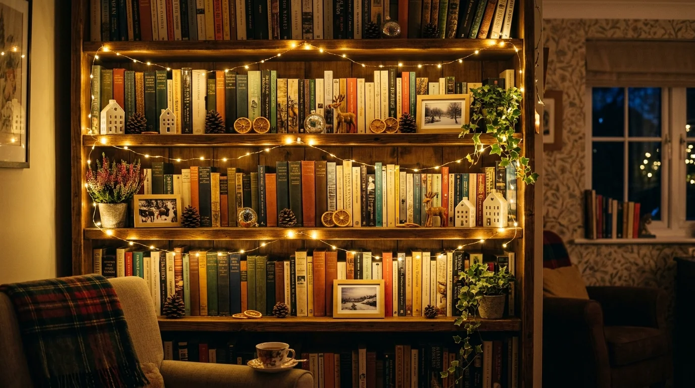 A bookshelf decorated with lights intertwined between books and decor pieces warm soft lighting inviting festive nook no people
