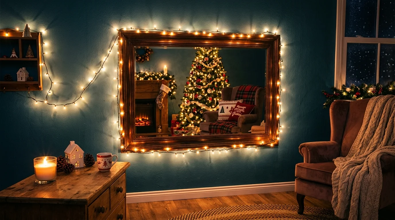 A mirror framed with string lights reflecting warm illumination throughout the room cozy glowing holiday ambiance no people