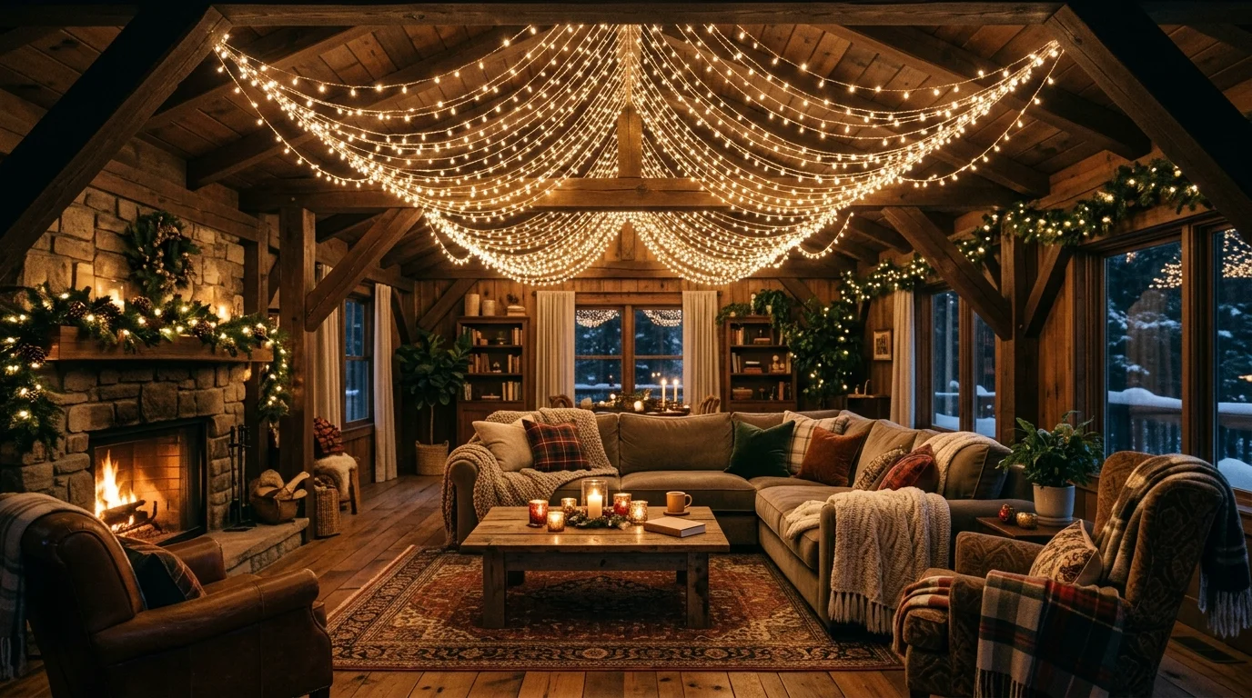 A ceiling canopy of string lights draped above a seating area casting a soft magical glow warm lighting festive indoor retreat no people