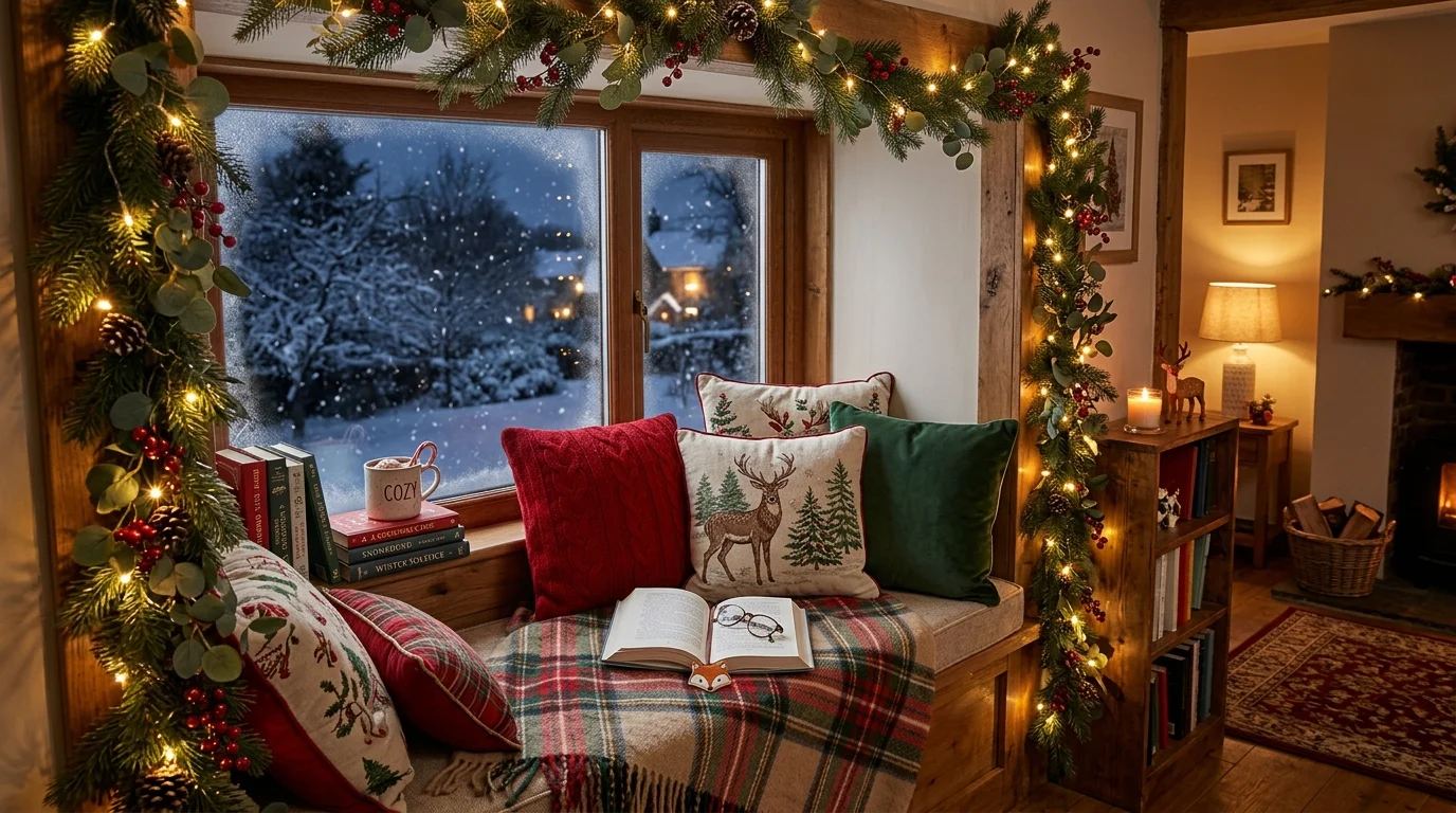 A window seat decorated with festive cushions and a throw blanket surrounded by garlands and soft glowing lights warm ambient lighting cozy winter reading corner no people