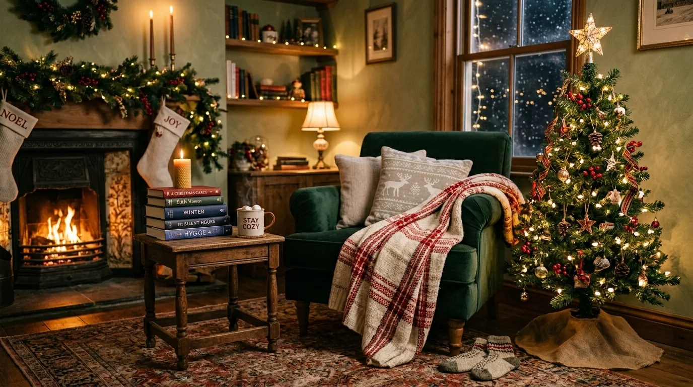 A reading nook with a small Christmas tree beside a comfortable chair and a stack of books soft warm lighting inviting festive atmosphere no people