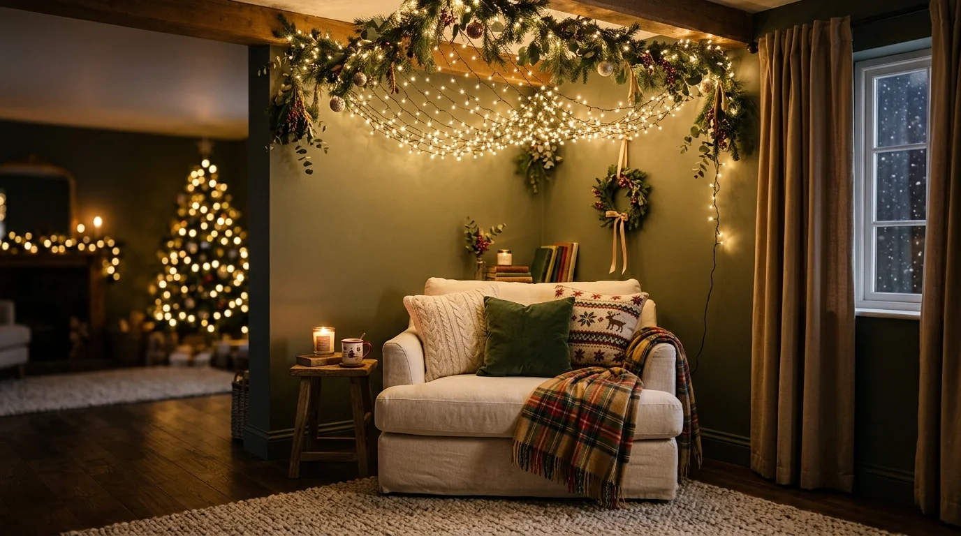 A corner with a canopy of string lights draped overhead with a chair and soft pillows warm lighting dreamy magical holiday vibe no people