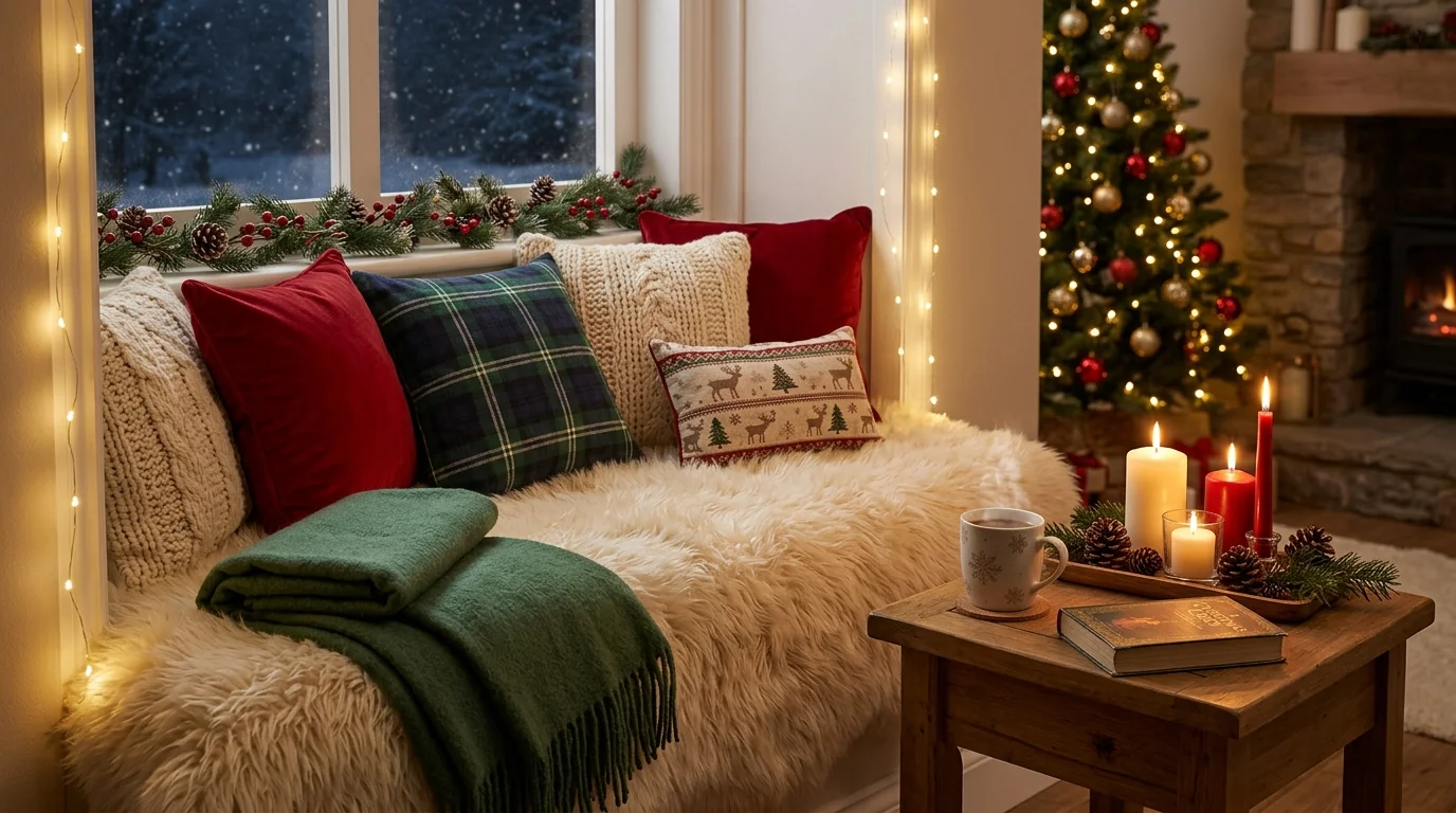 A cozy nook with a faux fur rug layered cushions and a small side table with candles soft lighting intimate relaxing Christmas setting no people