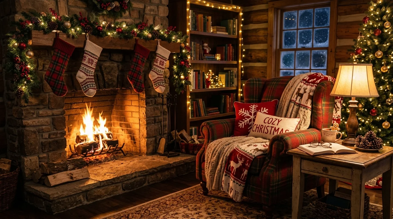 A reading space with a fireplace nearby and a comfortable armchair decorated with holiday accents warm lighting cozy festive retreat no people