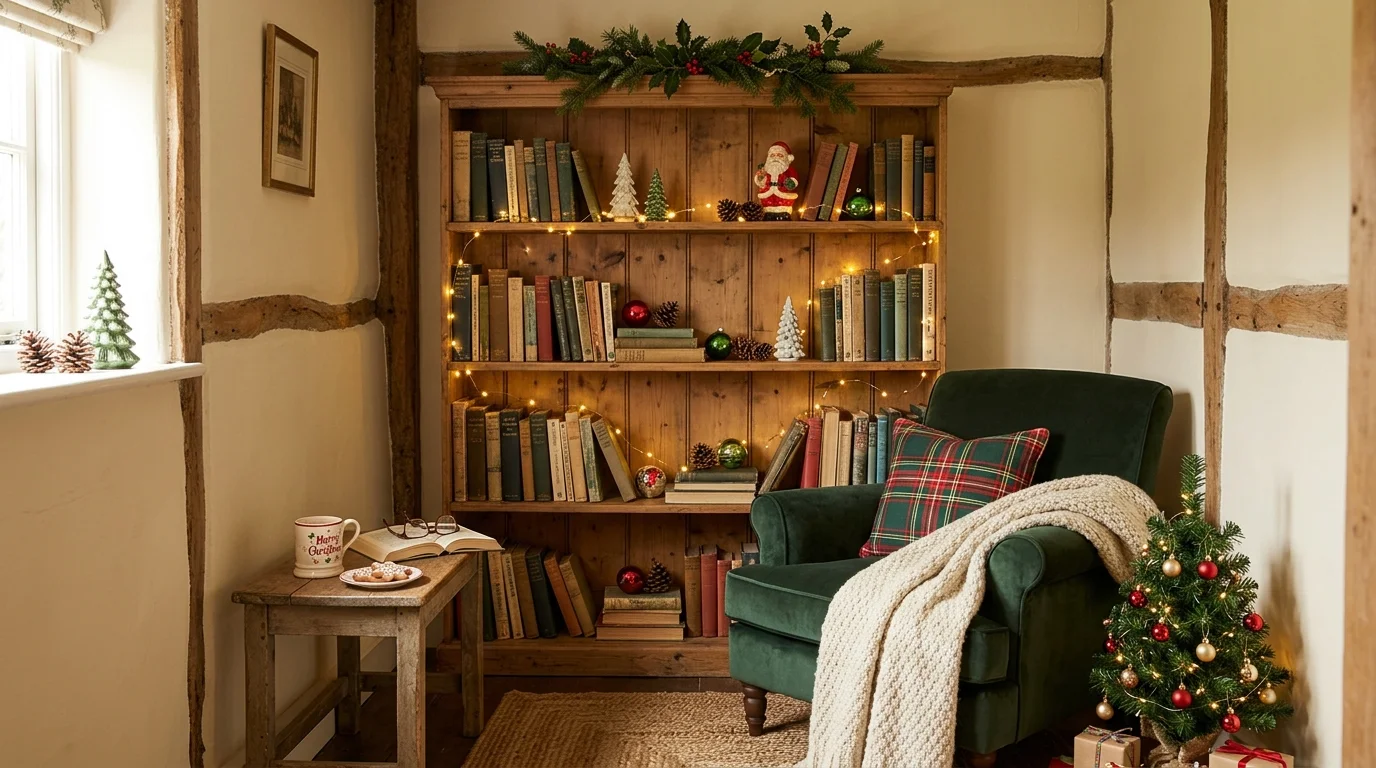 A small nook with a wooden bookshelf filled with books and holiday decor bright soft lighting charming Christmas reading space no people