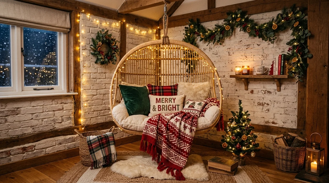 A corner with a hanging chair layered with cushions and a festive blanket warm lighting whimsical cozy holiday nook no people