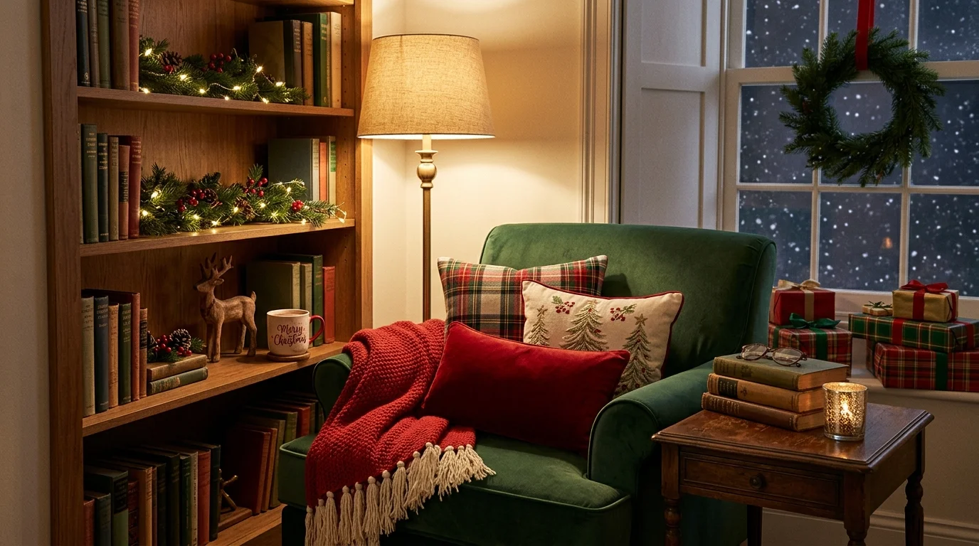 A reading nook with red and green accents including pillows throws and decor soft warm lighting classic Christmas charm no people