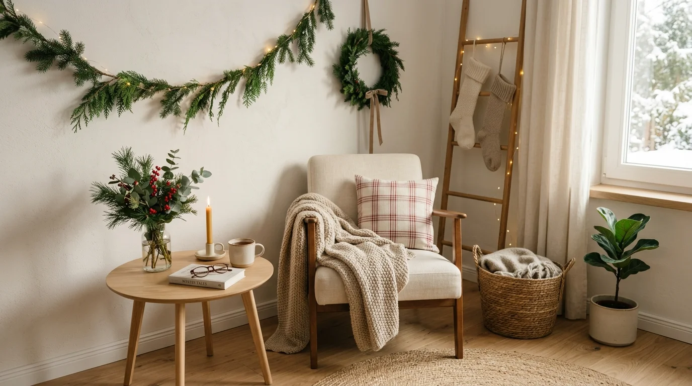 A minimalist holiday nook with a simple chair a small table and subtle greenery bright soft lighting calm festive reading area no people