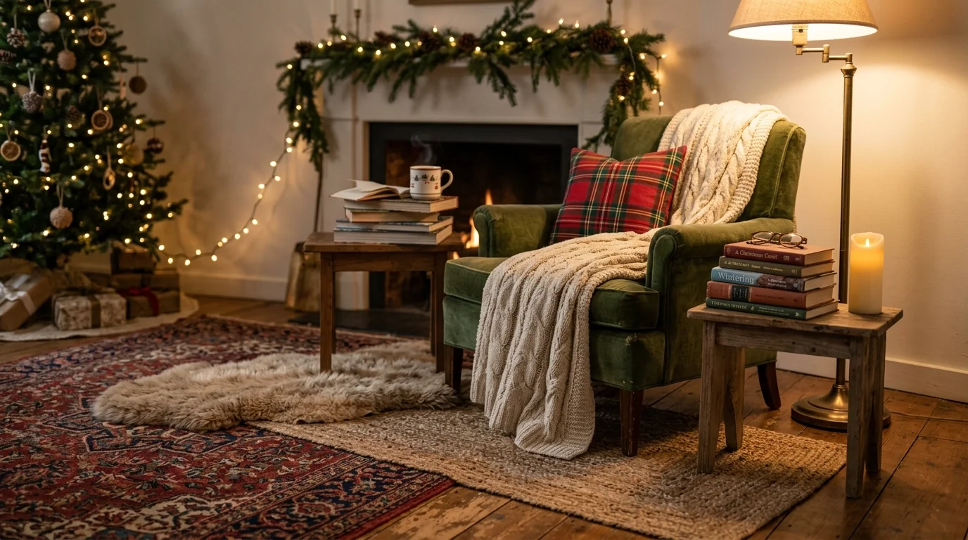 A cozy corner with layered rugs soft lighting and a stack of books paired with festive decor warm ambient lighting relaxing holiday retreat no people