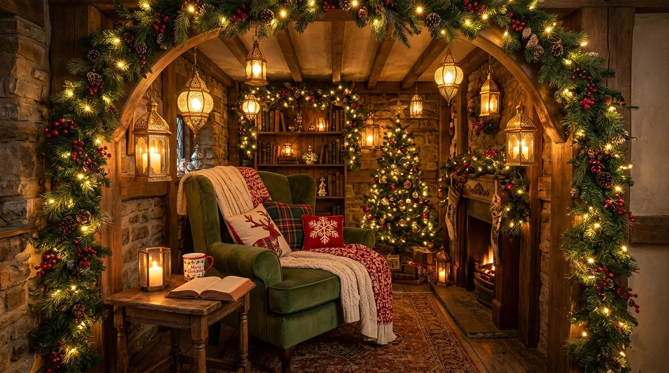 A magical nook with glowing lanterns a soft chair and holiday garlands draped around soft lighting enchanting Christmas escape no people