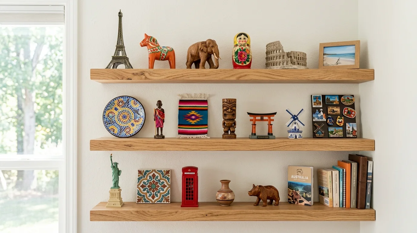A set of floating shelves displaying souvenirs like small sculptures and keepsakes from different countries bright daylight organized travel memory showcase no people