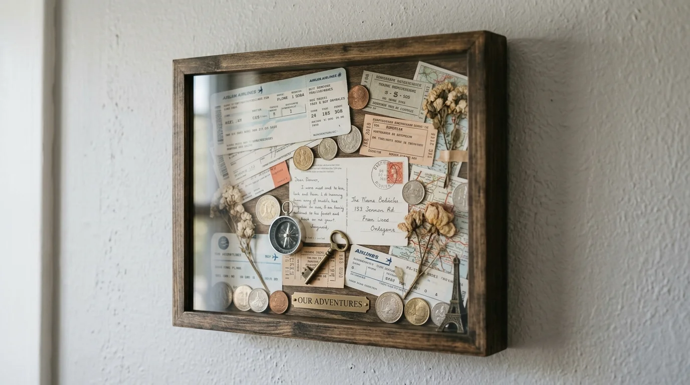 A shadow box filled with tickets coins and small travel mementos mounted on a wall soft lighting personal storytelling decor no people