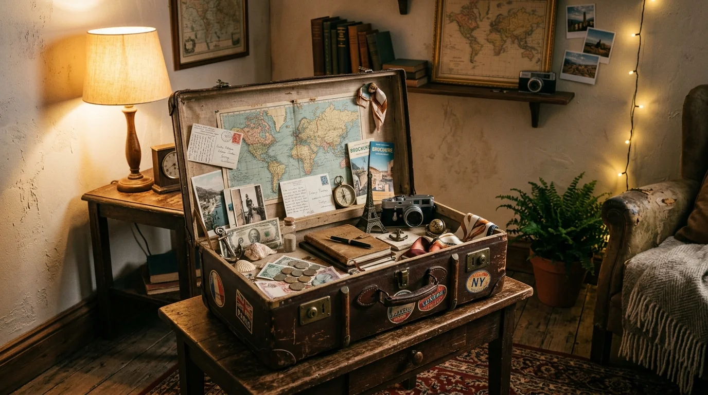 A vintage suitcase used as a display case filled with souvenirs placed in a corner warm lighting nostalgic travel vibe no people