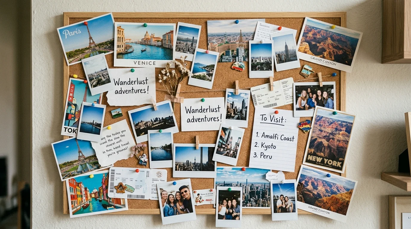A cork board filled with pinned postcards photos and notes arranged creatively bright lighting casual wanderlust gallery no people