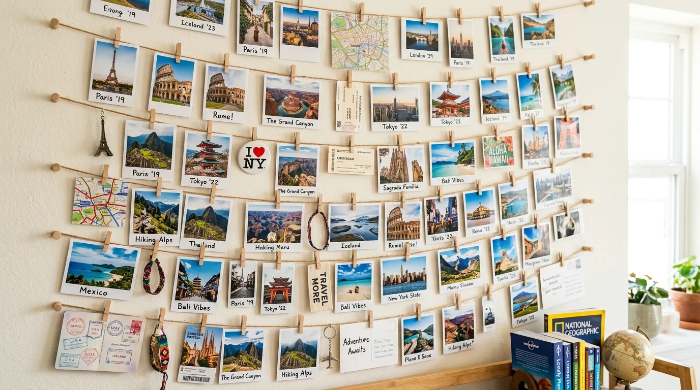 A wall display with string and clips holding travel photos and souvenirs bright lighting playful personalized arrangement no people