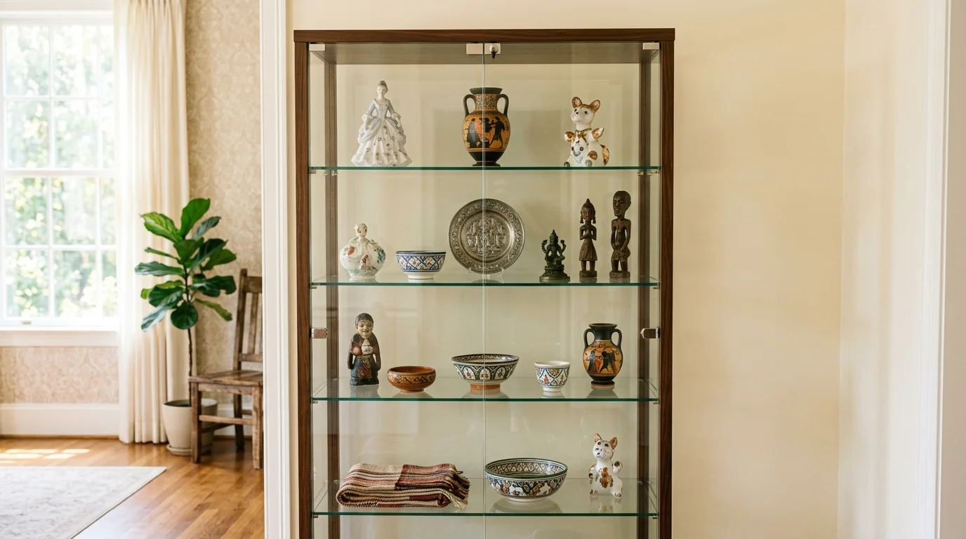 A glass cabinet showcasing souvenirs like ceramics figurines and artifacts bright natural light elegant curated display no people