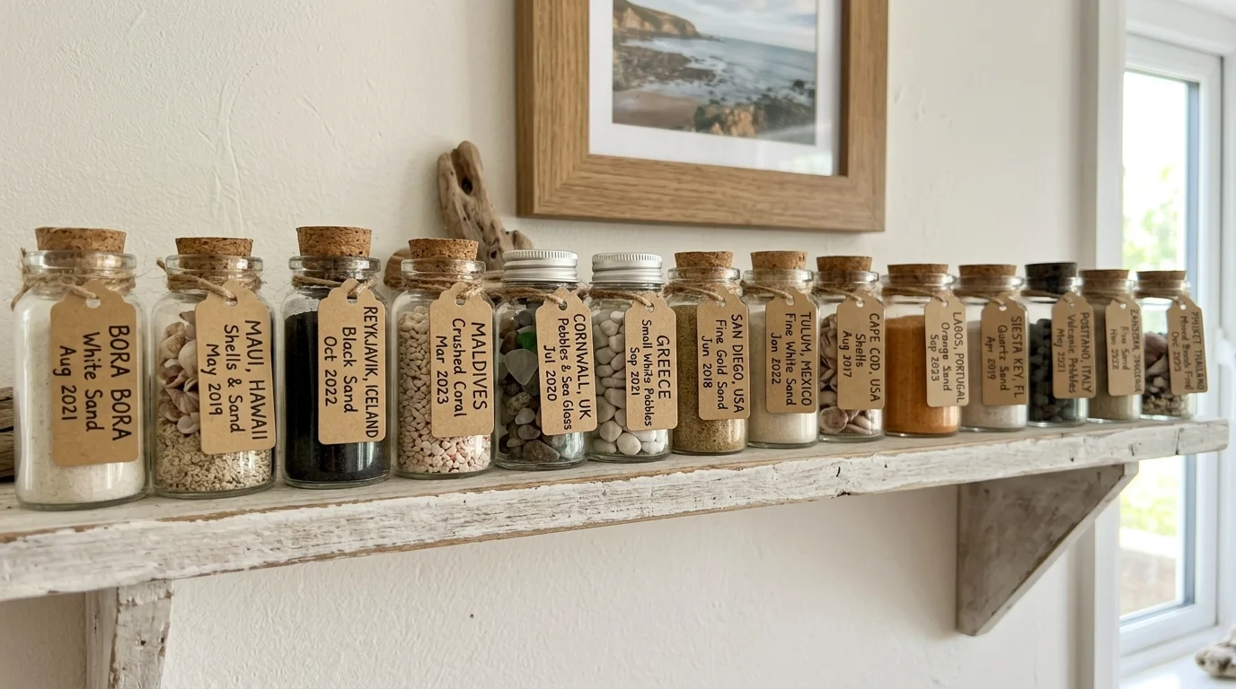 A shelf with labeled jars filled with sand or small items from different beaches bright lighting creative travel memory idea no people