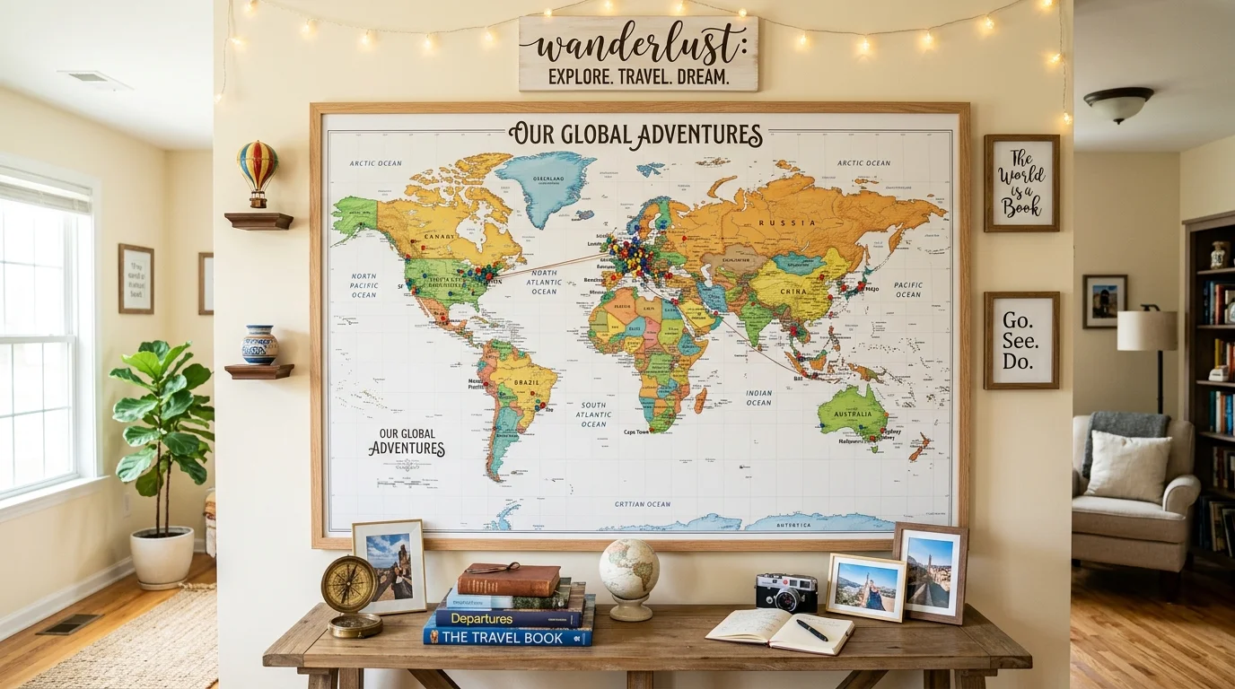 A wall with a large world map marked with pins for places visited bright lighting interactive wanderlust decor no people